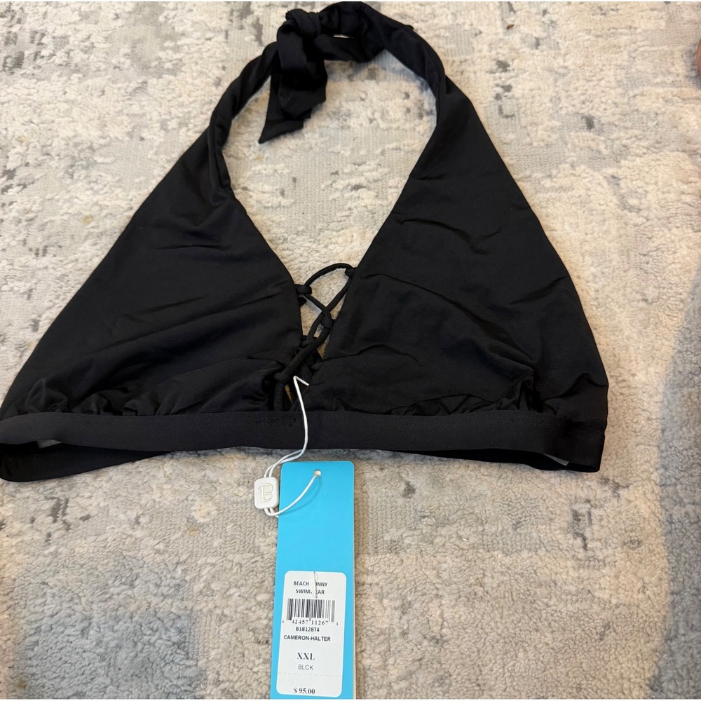 Beach Bunny Cameron Halter Bikini Top Black Lace Up Front XXL B18128T4 New